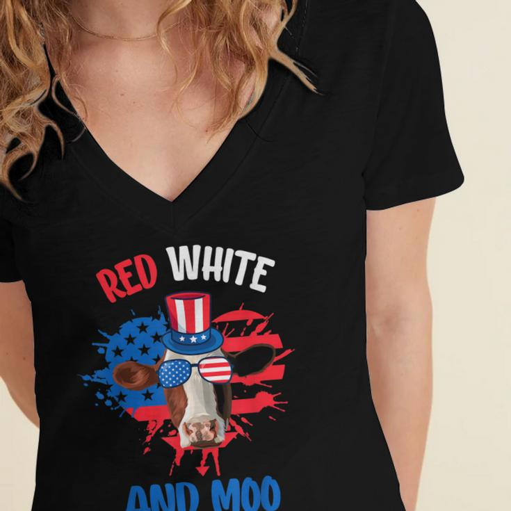 Red White And Moo Patriotic Cow Farmer 4Th Of July Women's Jersey Short Sleeve Deep V-Neck Tshirt