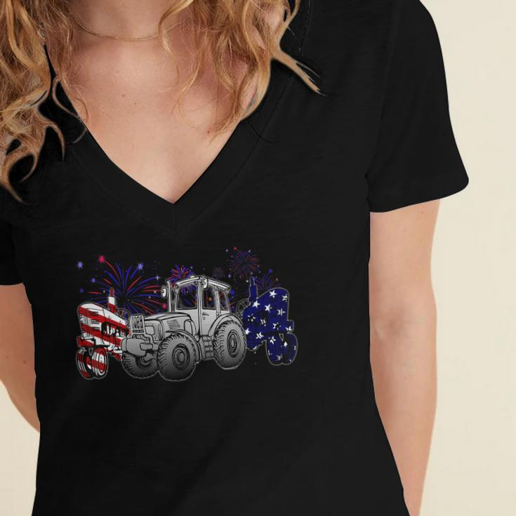 Red White Blue Tractor Usa Flag 4Th Of July Patriot Farmer Women's Jersey Short Sleeve Deep V-Neck Tshirt