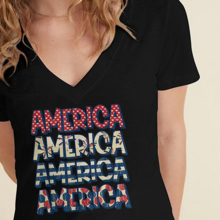 Retro Vintage America Red Blue And White 4Th July Patriotic Women's Jersey Short Sleeve Deep V-Neck Tshirt