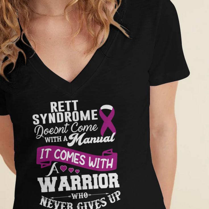 Rett Syndrome Doesnt Come With A Manual It Comes With A Warrior Who Never Gives Up Purple Ribbon Rett Syndrome Rett Syndrome Awareness Women's Jersey Short Sleeve Deep V-Neck Tshirt