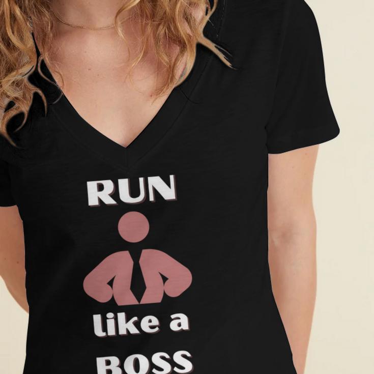 Run Like A Boss Funny Quote Women's Jersey Short Sleeve Deep V-Neck Tshirt