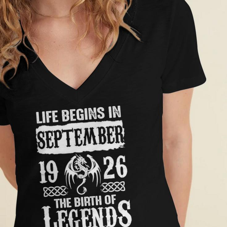 September 1926 Birthday Life Begins In September 1926 Women's Jersey Short Sleeve Deep V-Neck Tshirt