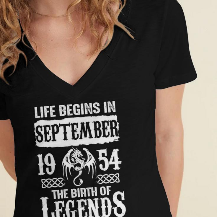 September 1954 Birthday Life Begins In September 1954 Women's Jersey Short Sleeve Deep V-Neck Tshirt