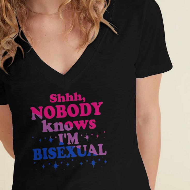 Shhh Nobody Knows Im Bisexual Lgbt Pride Women's Jersey Short Sleeve Deep V-Neck Tshirt