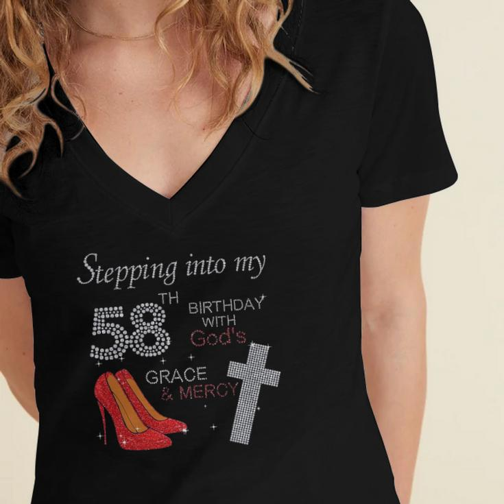 Stepping Into My 58Th Birthday With Gods Grace Mercy Heels Women's Jersey Short Sleeve Deep V-Neck Tshirt
