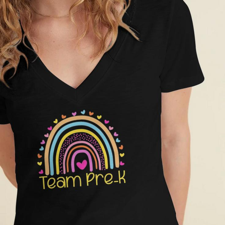 Team Pre K Teacher Rainbow Heart Education Women's Jersey Short Sleeve Deep V-Neck Tshirt