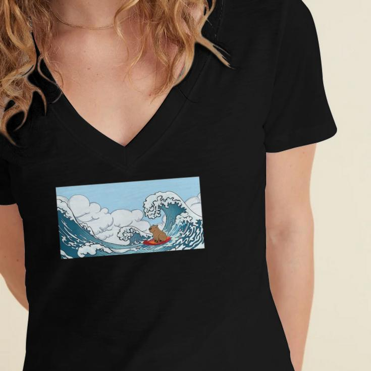 The Capybara On Great Wave Women's Jersey Short Sleeve Deep V-Neck Tshirt