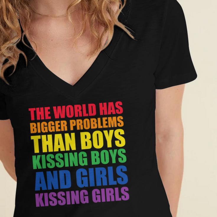 The World Has Bigger Problems Lgbt-Q Pride Gay Proud Ally Women's Jersey Short Sleeve Deep V-Neck Tshirt