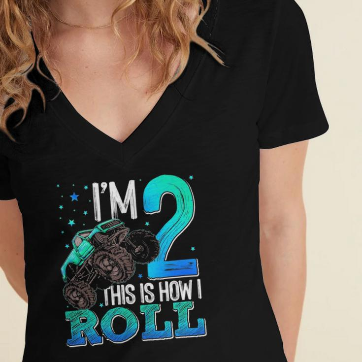 This Is How I Roll 2 Years Old Monster Truck 2Nd Birthday Women's Jersey Short Sleeve Deep V-Neck Tshirt