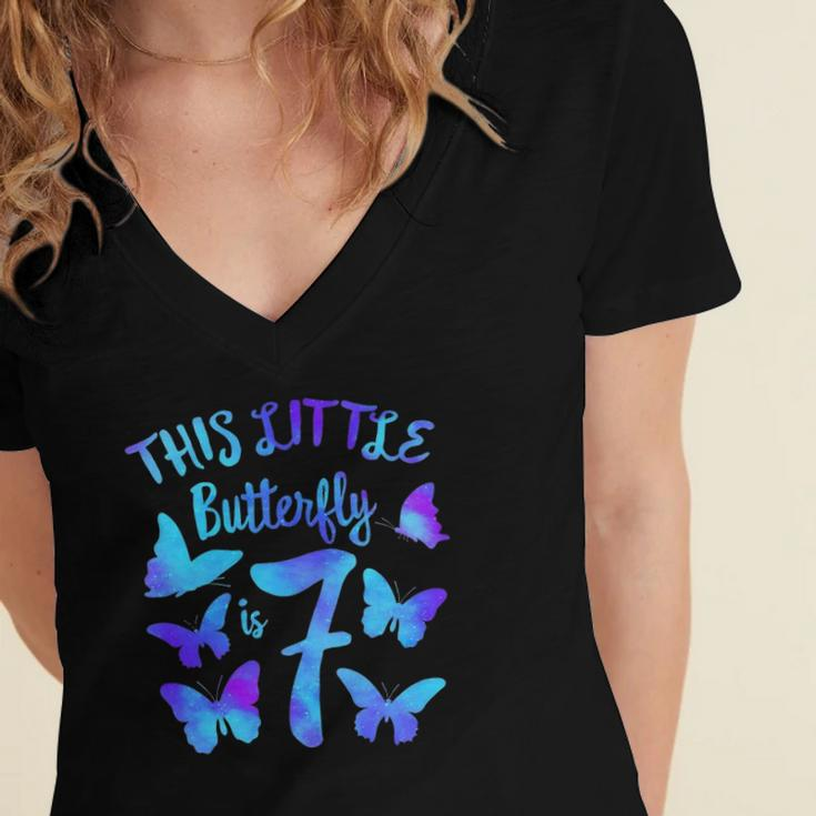 This Little Butterfly Is 7 7Th Birthday Party Toddler Girl Women's Jersey Short Sleeve Deep V-Neck Tshirt