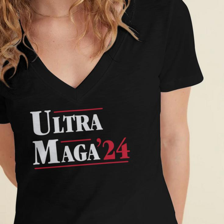 Ultra Maga Retro Style Red And White Text Women's Jersey Short Sleeve Deep V-Neck Tshirt