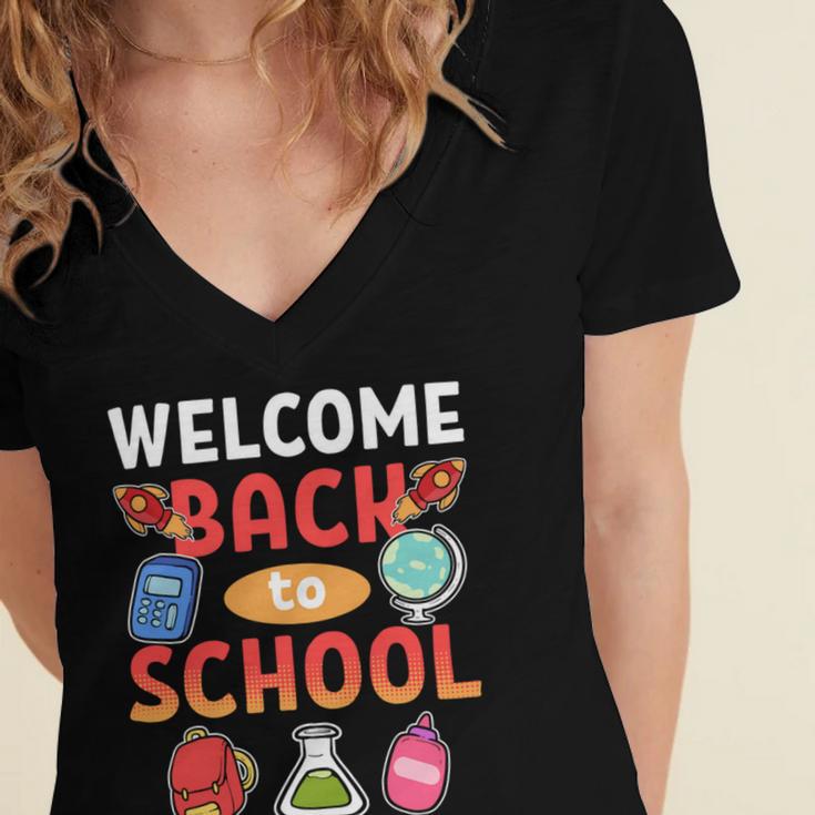 Welcome Back To School School Party 483 Shirt Women's Jersey Short Sleeve Deep V-Neck Tshirt