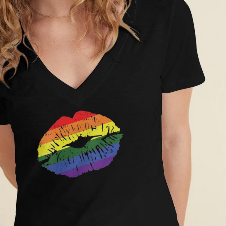Womens Gay Kiss Rainbow Pride Flag Sexy Lips Proud Lgbt Q Ally Women's Jersey Short Sleeve Deep V-Neck Tshirt