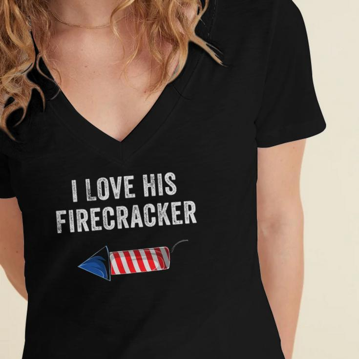 Womens I Love His Firecracker Matching Couple 4Th Of July Wife Gf Women's Jersey Short Sleeve Deep V-Neck Tshirt