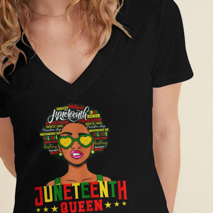 Womens Juneteenth Women Natural Afro Queen Women's Jersey Short Sleeve Deep V-Neck Tshirt