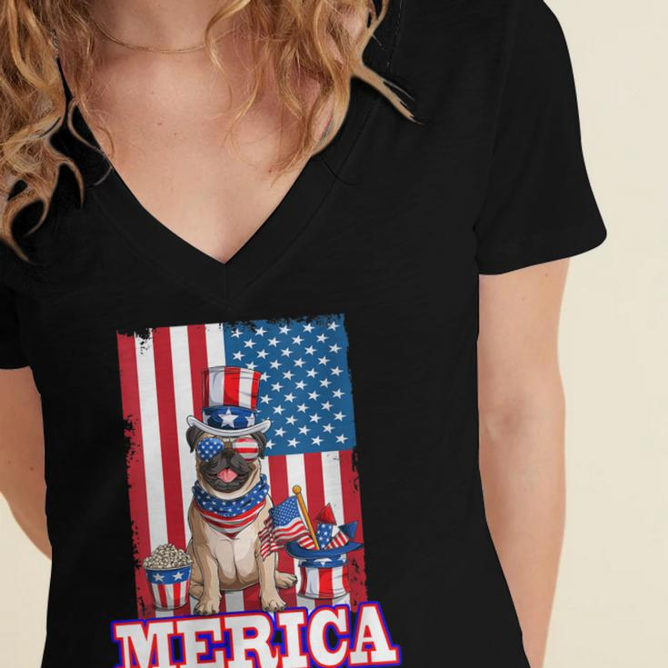 Womens Pug Dad Mom 4Th Of July American Flag Merica Dog Women's Jersey Short Sleeve Deep V-Neck Tshirt