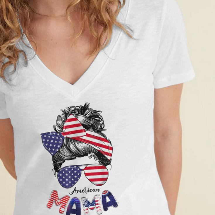 4Th Of July American Mama Messy Bun Mom Life Patriotic Mom Women's Jersey Short Sleeve Deep V-Neck Tshirt