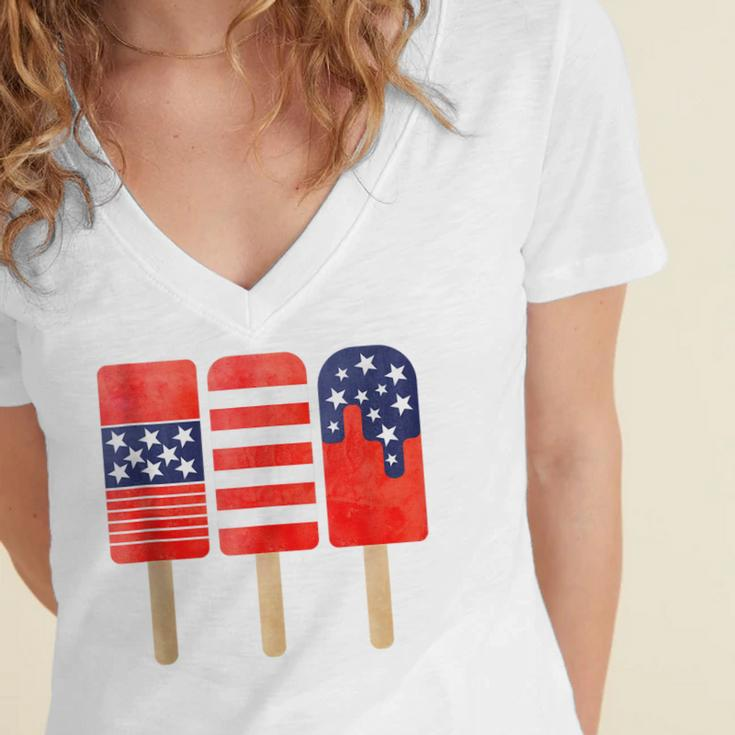 4Th Of July Popsicles Usa Flag Independence Day Patriotic Women's Jersey Short Sleeve Deep V-Neck Tshirt