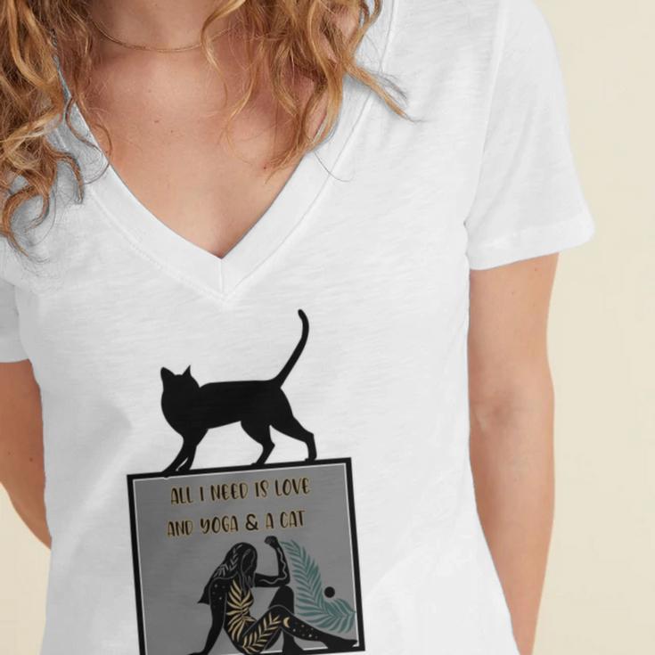 All I Need Is Love And Yoga And A Cat Lovers Gift For Yoga Lovers Funny Cat Women's Jersey Short Sleeve Deep V-Neck Tshirt