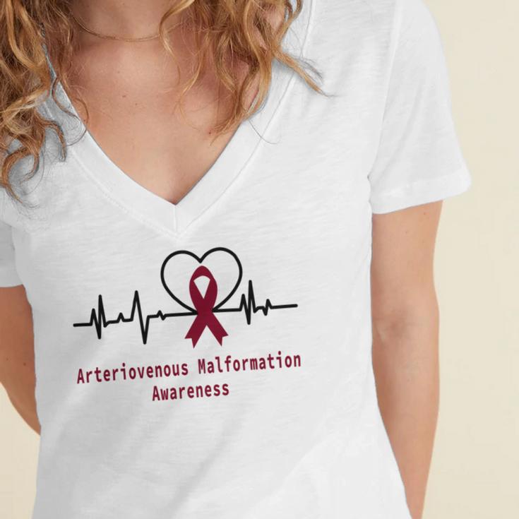 Arteriovenous Malformation Awareness Heartbeat Burgundy Ribbon Arteriovenous Malformation Support Arteriovenous Malformation Awareness Women's Jersey Short Sleeve Deep V-Neck Tshirt