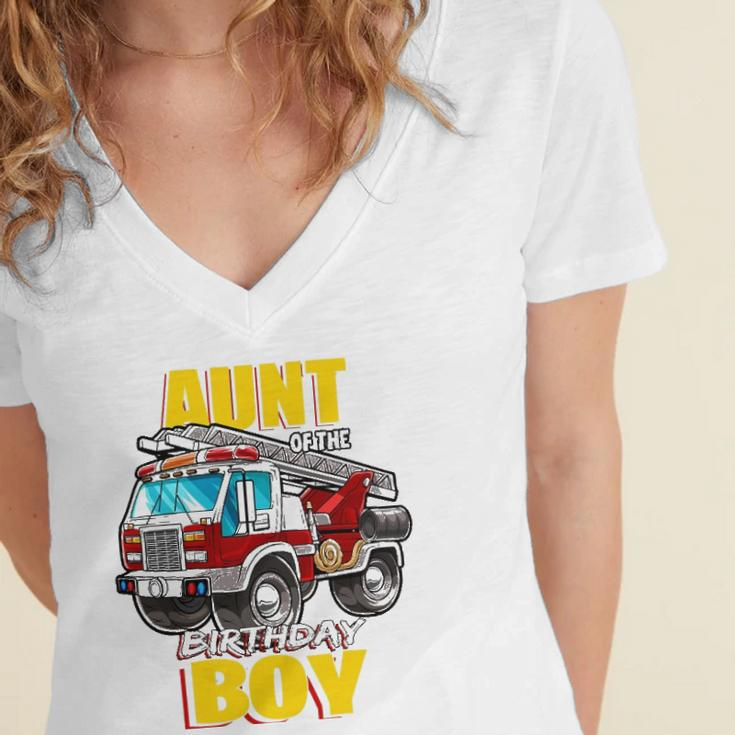 Aunt Of The Birthday Boy Matching Family Fireman Firetruck Women's Jersey Short Sleeve Deep V-Neck Tshirt