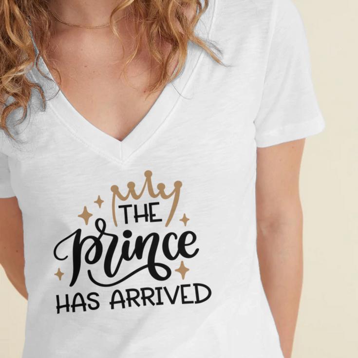 Baby Shower Text Design The Prince Has Arrived Women's Jersey Short Sleeve Deep V-Neck Tshirt