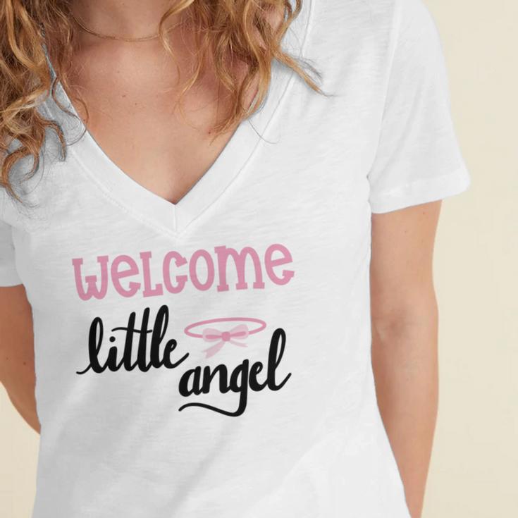 Baby Shower Text Design Welcome Little Angel Women's Jersey Short Sleeve Deep V-Neck Tshirt