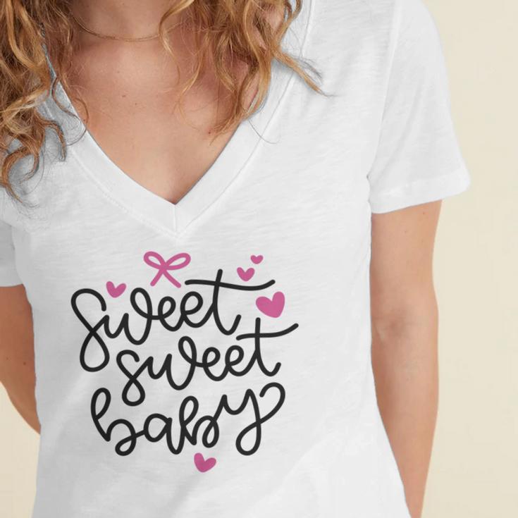 Baby Shower Text Pink Heart Ribbon Design Sweet Sweet Baby Women's Jersey Short Sleeve Deep V-Neck Tshirt