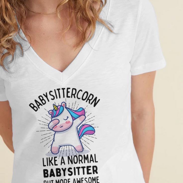 Babysittercorn Funny Unicorn Dabbing Gift Like A Normal Babysitter But More Awesome Women's Jersey Short Sleeve Deep V-Neck Tshirt