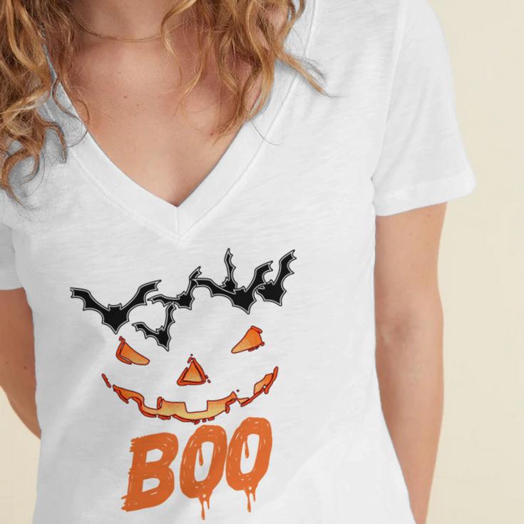 Boo Scary Pumpkin Face Women's Jersey Short Sleeve Deep V-Neck Tshirt