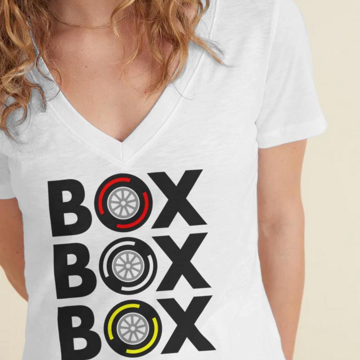 Box Box Box F1 Tyre Compound Design V2 Women's Jersey Short Sleeve Deep V-Neck Tshirt