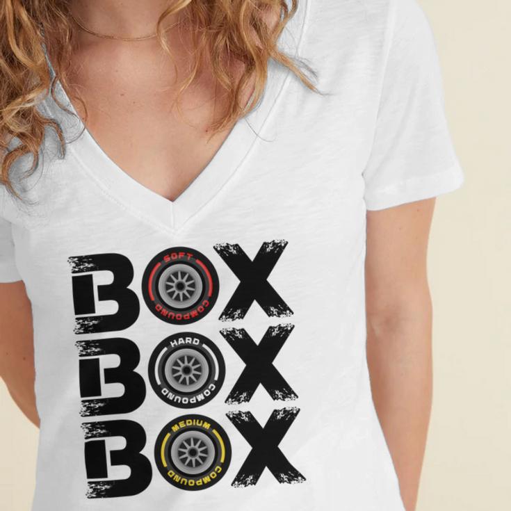 Box Box Box F1 Tyre Compound V2 Design Women's Jersey Short Sleeve Deep V-Neck Tshirt