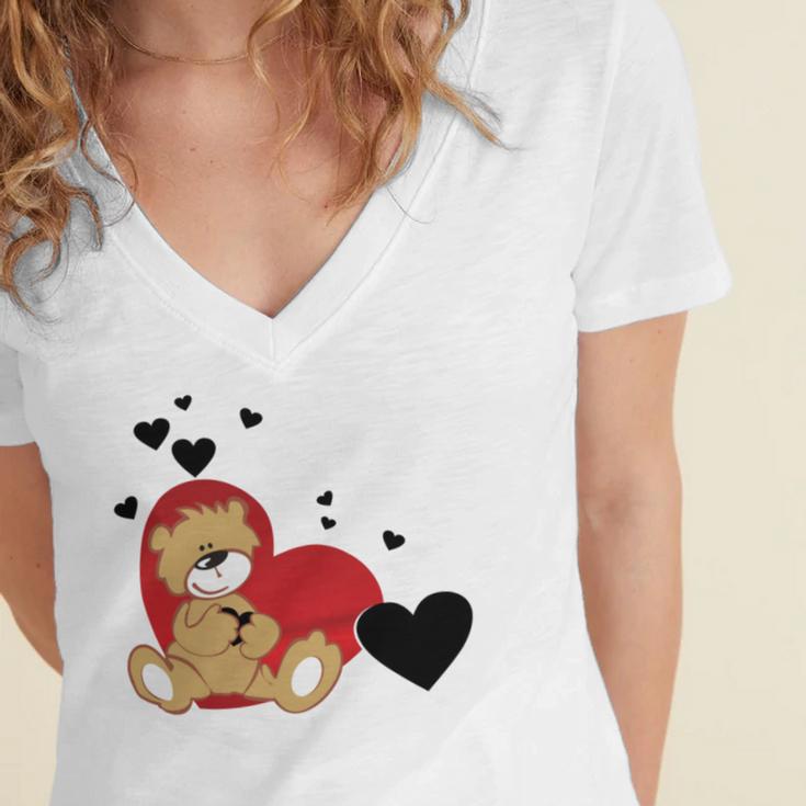 Cartoon Animal Happy Loving Teddy Bear Women's Jersey Short Sleeve Deep V-Neck Tshirt