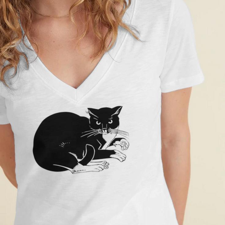 Cat Cut Cat Cat Lovers Black Cat Funny Cat Birthday Cat Gift Cat Danger Kitty V3 Women's Jersey Short Sleeve Deep V-Neck Tshirt