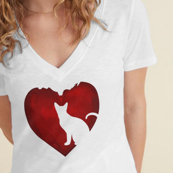 Cat Heart Shirt Cat Lovers Valentine Day Gifts For Couple Women's Jersey Short Sleeve Deep V-Neck Tshirt