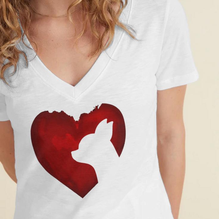 Chihuahua Shape With Red Heart Painting For Valentine Day Women's Jersey Short Sleeve Deep V-Neck Tshirt