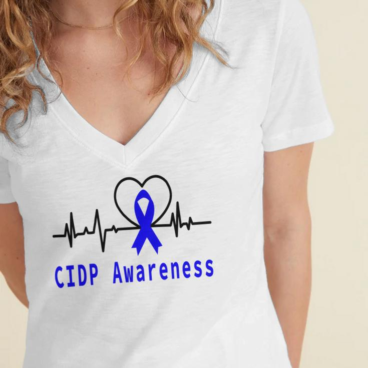 Chronic Inflammatory Demyelinating Polyneuropathy Cidp Awareness Heartbeat Blue Ribbon Cidp Support Cidp Awareness Women's Jersey Short Sleeve Deep V-Neck Tshirt