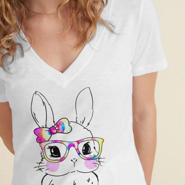 Cute Bunny Rabbit Face Tie Dye Glasses Girl Happy Easter Day Women's Jersey Short Sleeve Deep V-Neck Tshirt