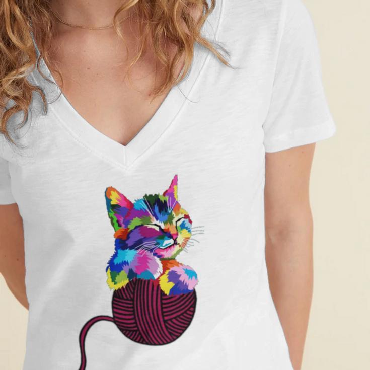 Cute Cat Gift For Kitten Lovers Colorful Art Kitty Adoption Women's Jersey Short Sleeve Deep V-Neck Tshirt