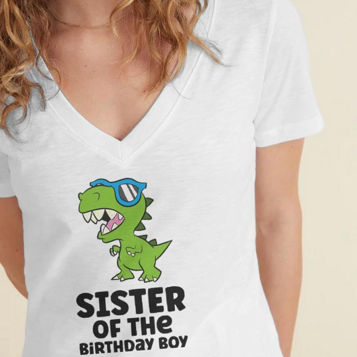 Dinosaur Birthday Sister Of The Birthday Boy Women's Jersey Short Sleeve Deep V-Neck Tshirt