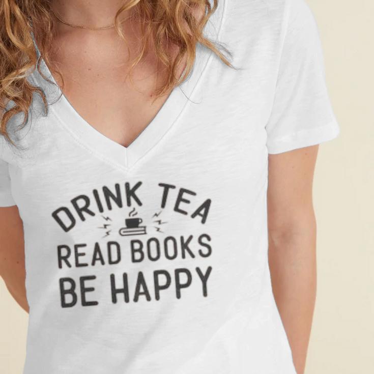 Drink Tea Read Books Women's Jersey Short Sleeve Deep V-Neck Tshirt