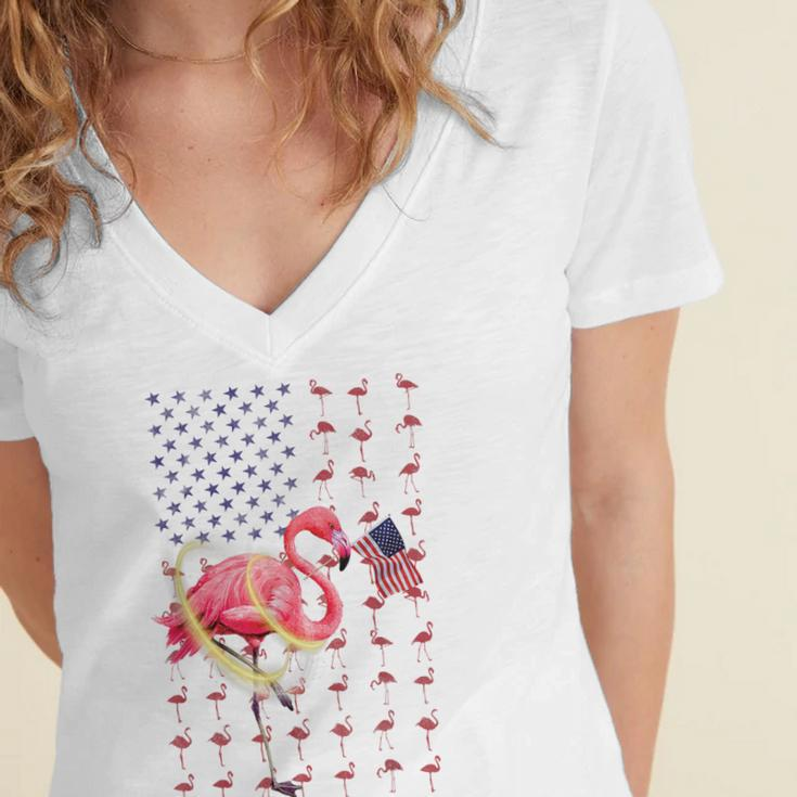 Flamingo American Usa Flag 4Th Of July Patriotic Funny Women's Jersey Short Sleeve Deep V-Neck Tshirt