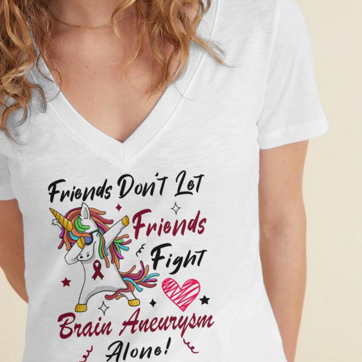 Friends Dont Let Friends Fight Brain Aneurysm Alone Unicorn Burgundy Ribbon Brain Aneurysm Bpd Brain Aneurysm Women's Jersey Short Sleeve Deep V-Neck Tshirt