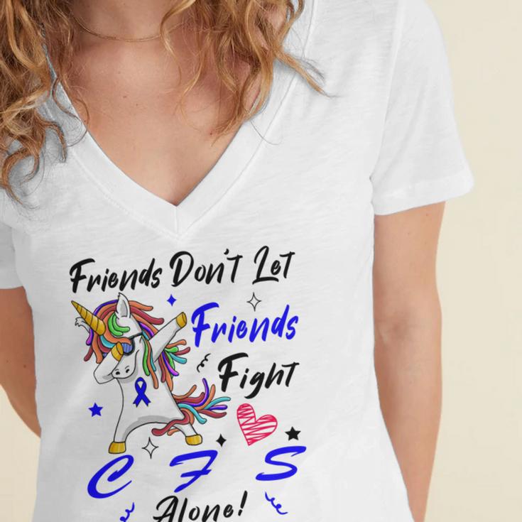 Friends Dont Let Friends Fight Chronic Fatigue Syndrome Cfs Alone Unicorn Blue Ribbon Chronic Fatigue Syndrome Support Cfs Awareness Women's Jersey Short Sleeve Deep V-Neck Tshirt