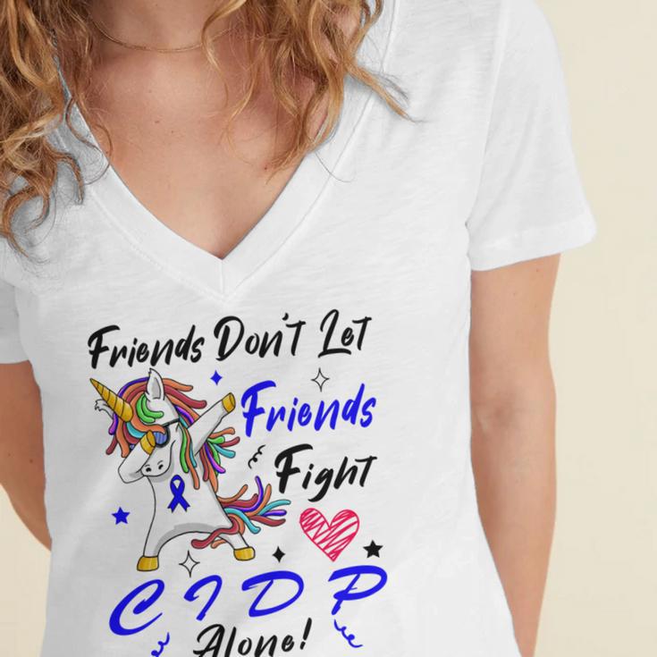 Friends Dont Let Friends Fight Chronic Inflammatory Demyelinating Polyneuropathy Cidp Alone Unicorn Blue Ribbon Cidp Support Cidp Awareness Women's Jersey Short Sleeve Deep V-Neck Tshirt