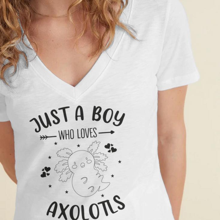 Funny Axolotl Quote Mexican Walking Fish Just A Boy Who Loves Axolotls Women's Jersey Short Sleeve Deep V-Neck Tshirt