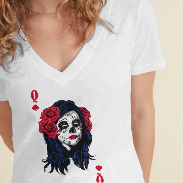 Halloween Sugar Skull With Red Floral Halloween Gift By Mesa Cute Women's Jersey Short Sleeve Deep V-Neck Tshirt