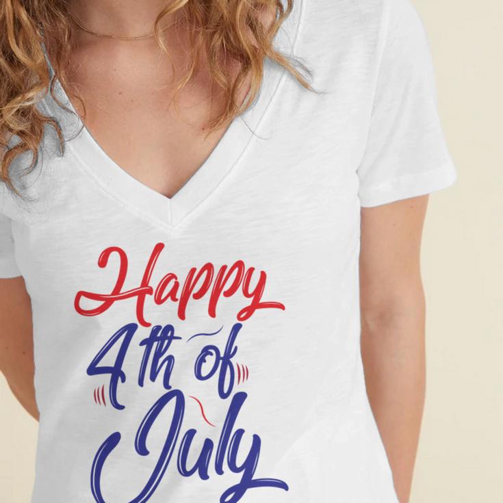 Happy 4Th Of July Dark Red Blue Text Women's Jersey Short Sleeve Deep V-Neck Tshirt