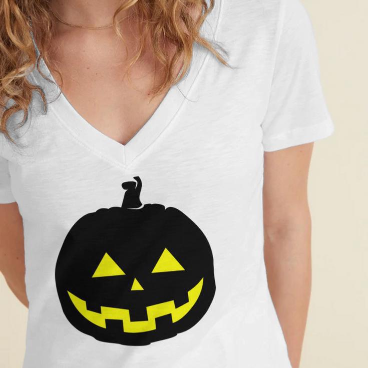 Happy Halloween Scary Black Pumpkin Pattern Women's Jersey Short Sleeve Deep V-Neck Tshirt