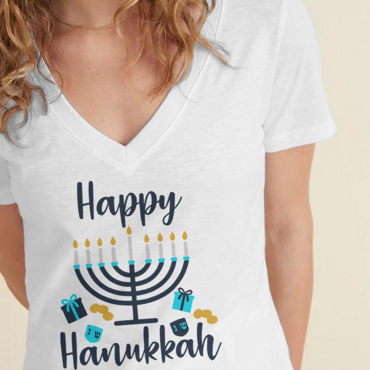 Happy Hanukkah Chanukah Pajama 893 Shirt Women's Jersey Short Sleeve Deep V-Neck Tshirt